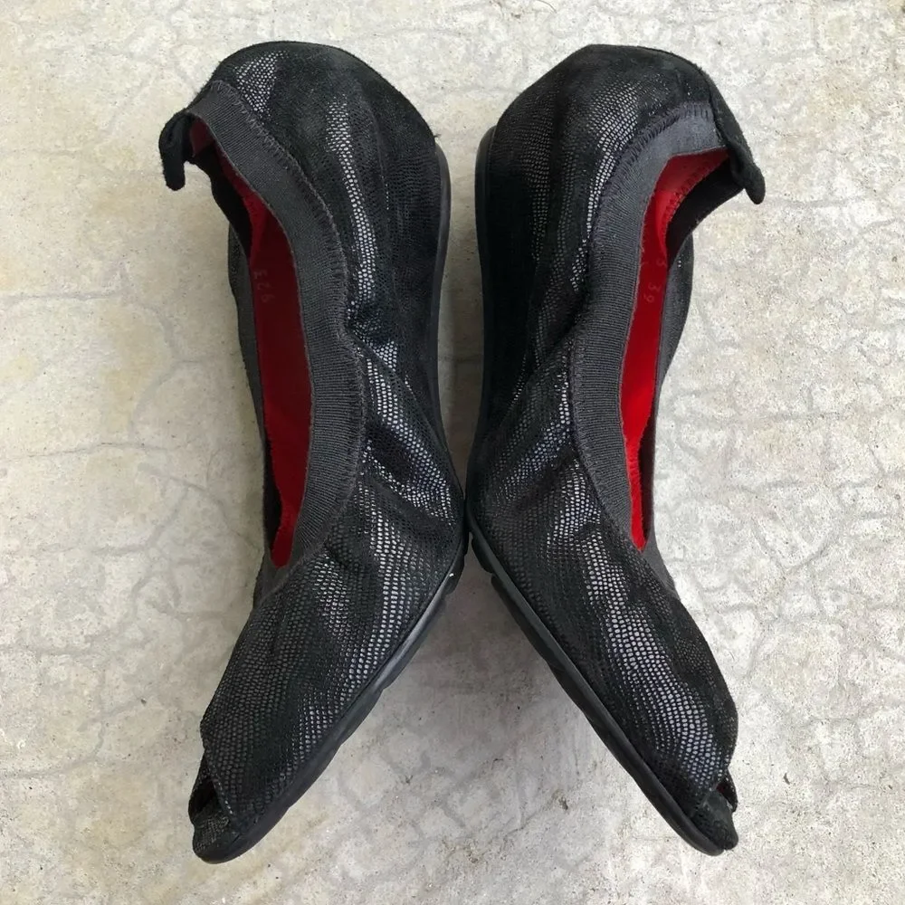 Pas de Rouge Black Nubuck Peep Toe Wedge Sandals Italian Comfort Shoes EU 39
